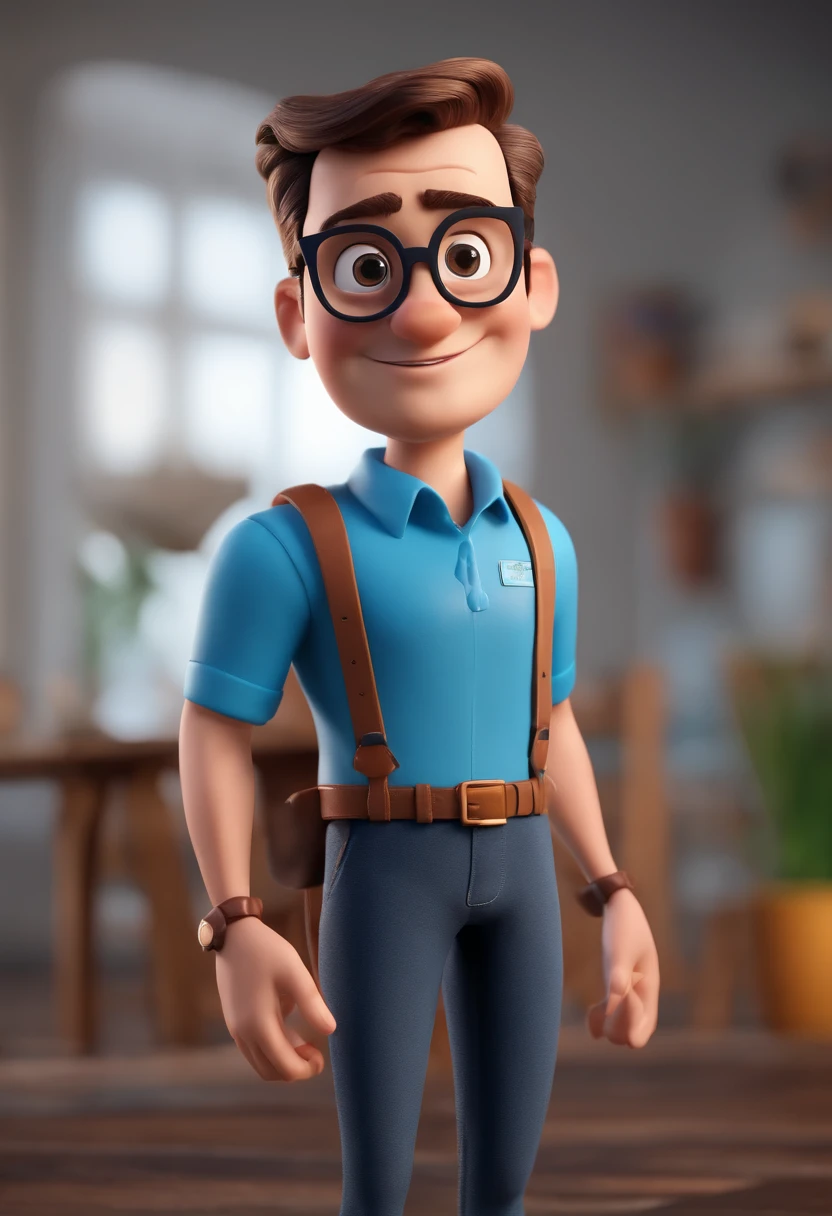 Cartoon character of a man with black glasses and a blue shirt, animation character, Caractere estilizado, animation style rendering, 3D estilizado, Arnold Maya render, 3 d render stylized, toon render keyshot, Personagem 3D, Personagem 3D, 3d rendering stylized, 3 d character render, personagem de desenho animado, Personagem de close up, Pose de personagem, (Estilo Pixar) (master part:1.2) (Bokeh) (best quality) (pele detalhada) (textura detalhada) (8k) (argila) (Cinematic lighting) (foco nítido