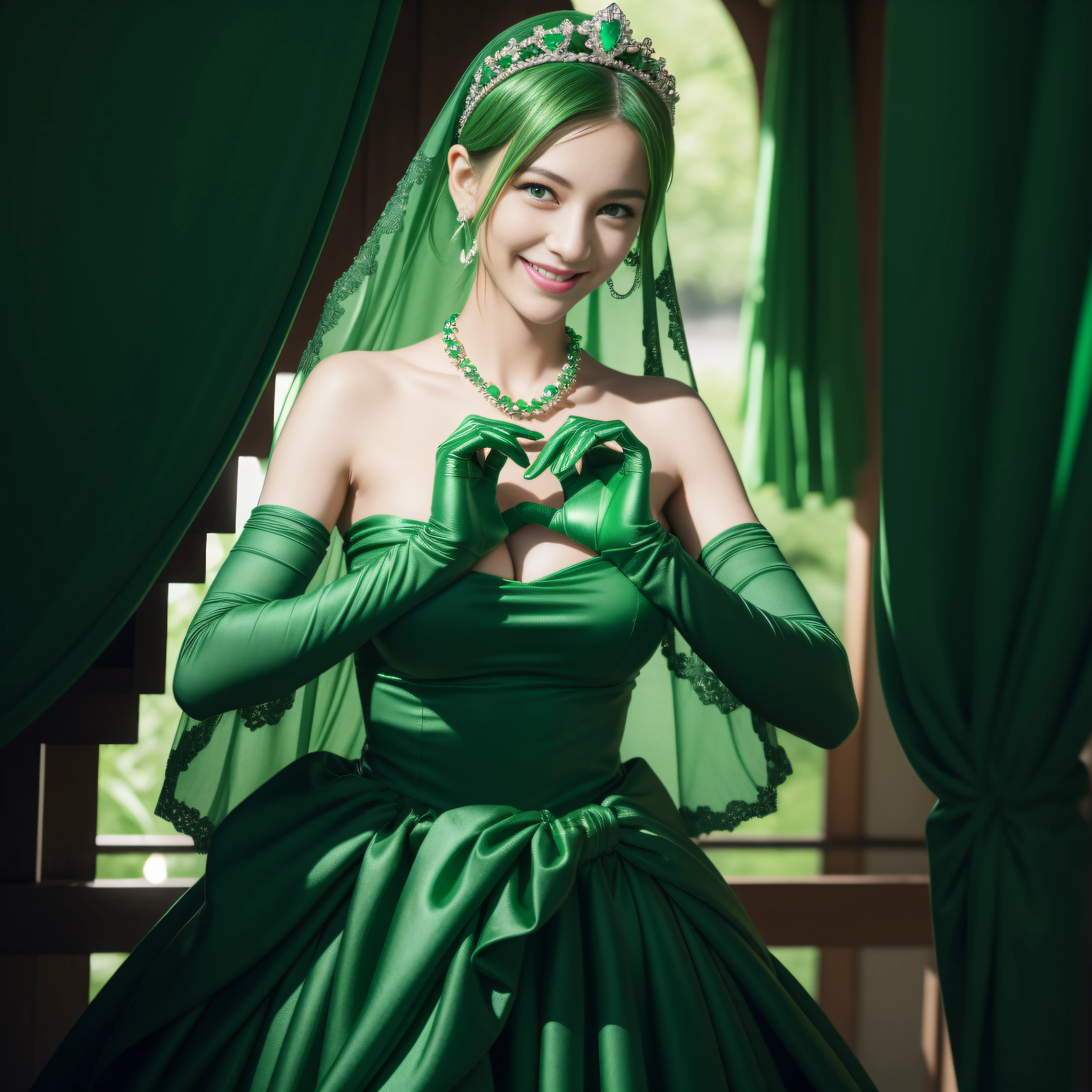 emerald tiara, green pearl necklace, ボーイッシュな非常に短いgreen hair, lipstick, smiling woman, very short hair, Beauty with large breasts, green eyes, Long Green Satin Gloves, green eyes, emerald earrings, green veil, heart with both hands, green hair, Beautiful woman in her 30s, heart shaped hand:1.3