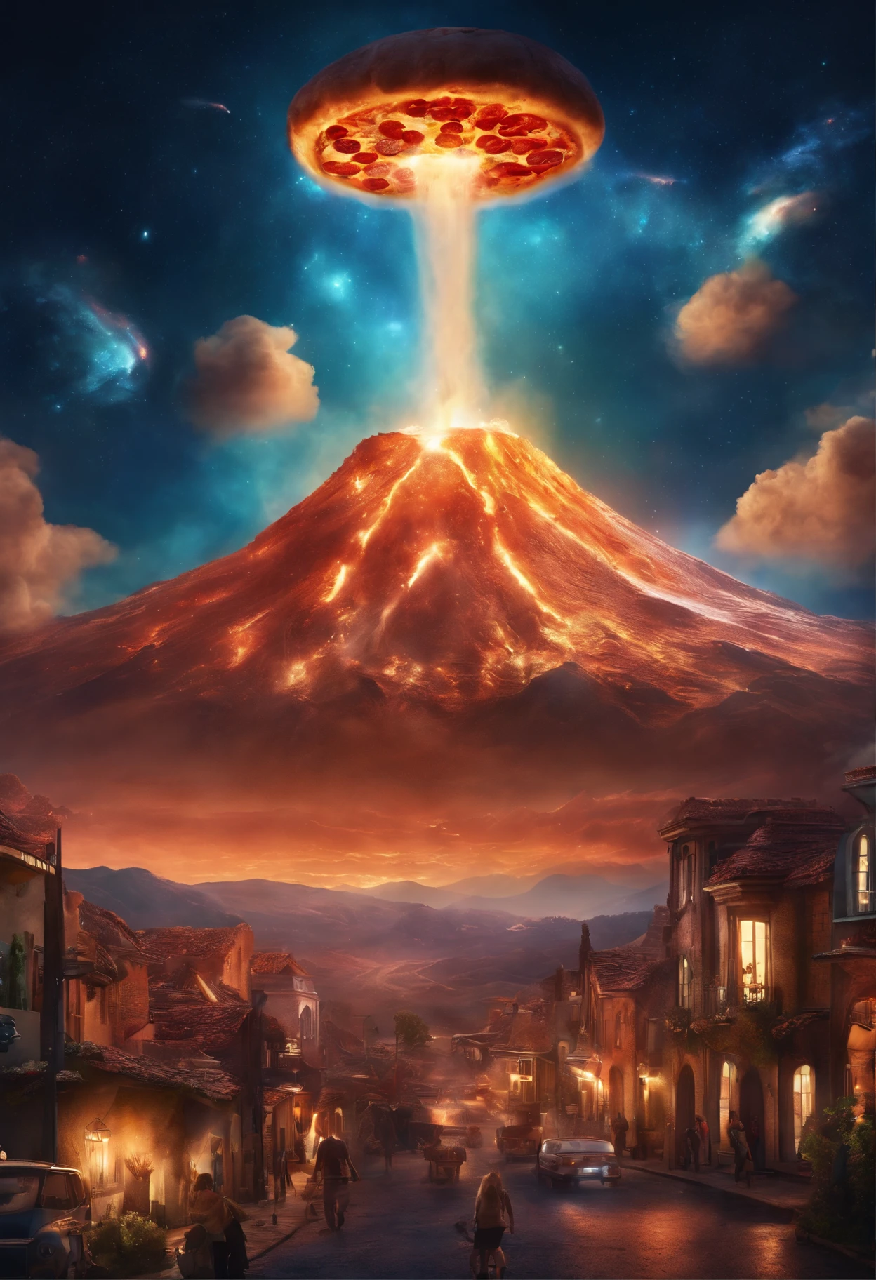 A small town in space with pizza flying through the sky and volcanoes exploding behind