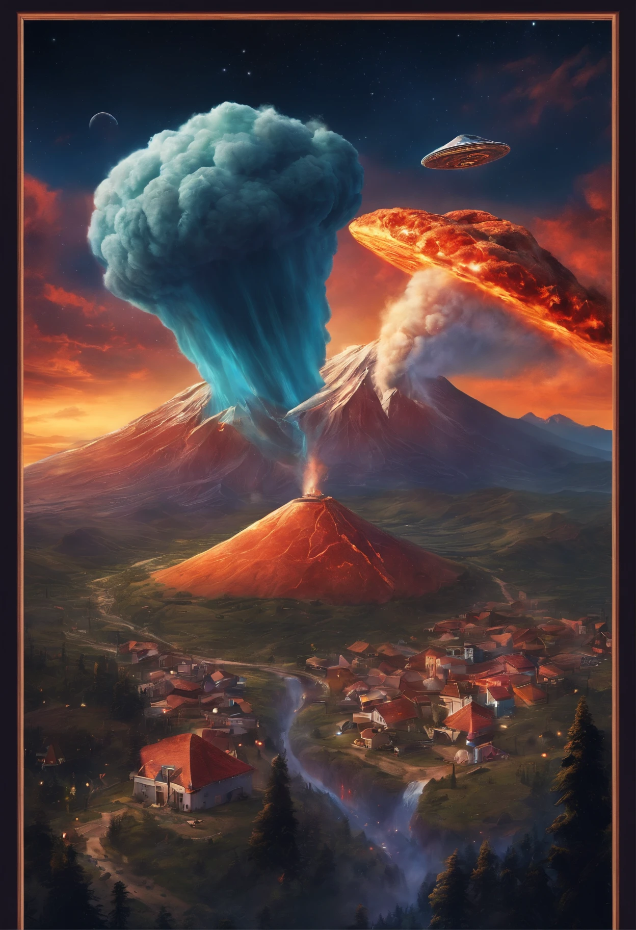 A small town in space with pizza flying through the sky and volcanoes exploding behind