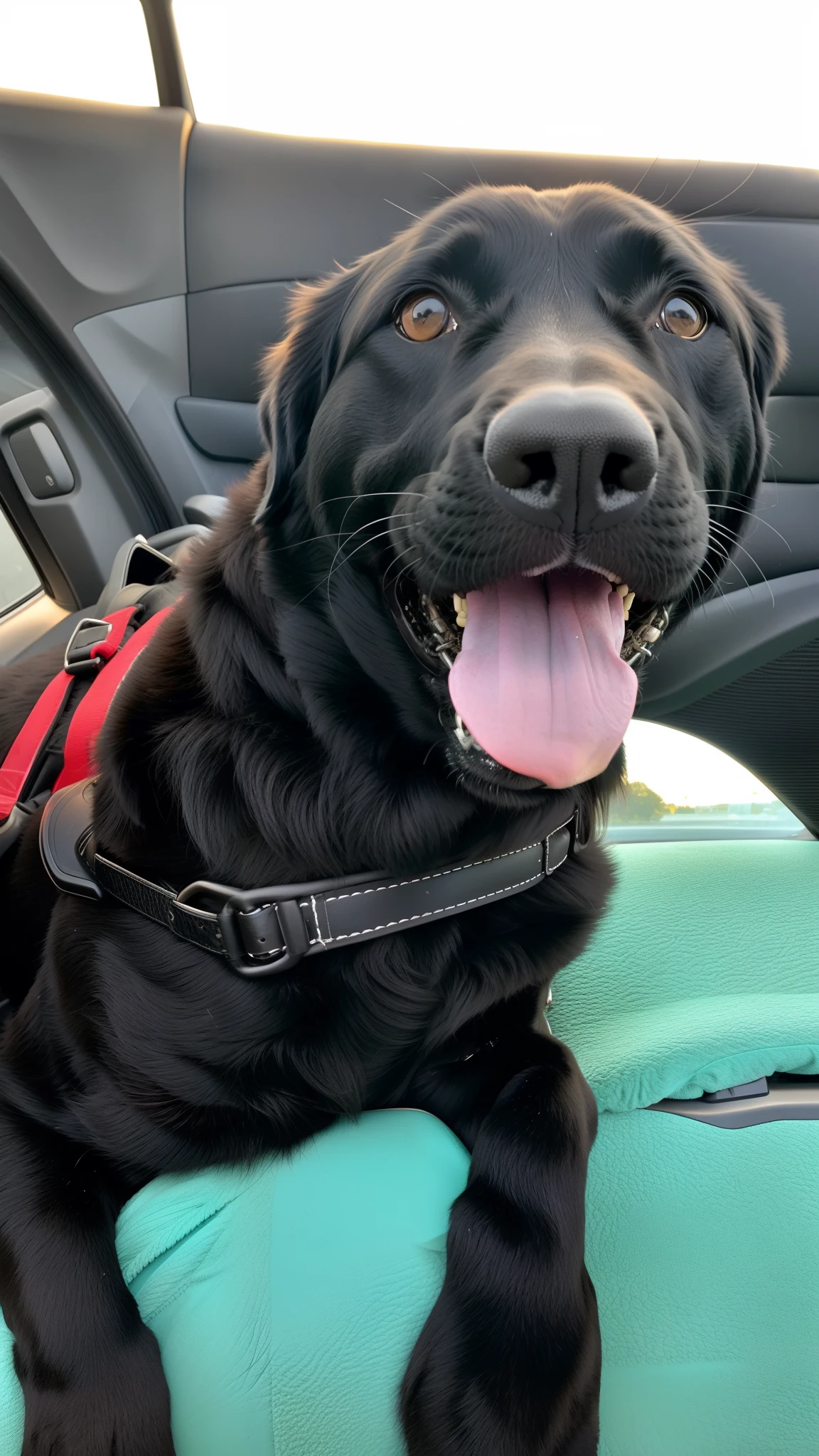 There's a black dog sitting in the back seat of a car, feliz com a boca aberta, muito ligeiramente sorridente, olhar orgulhoso, happily smiling at the camera, with a happy expression, muito animado, Very detailed!, muito feliz, retrato frontal, happy dog, muito bobo olhando, black harness, muito bonito, selfie of a dog, circunstanciado!