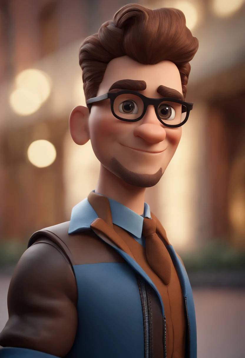 Cartoon character of a man with black glasses, cabelo cacheado marrom escuro e uma camisa azul, animation character, Caractere estilizado, animation style rendering, 3D estilizado, Arnold Maya render, 3 d render stylized, toon render keyshot, Personagem 3D, Personagem 3D, 3d rendering stylized, 3 d character render, personagem de desenho animado, Personagem de close up, Pose de personagem, (Estilo Pixar) (master part:1.2) (Bokeh) (best quality) (pele detalhada) (textura detalhada) (8k) (argila) (Cinematic lighting) (foco nítido