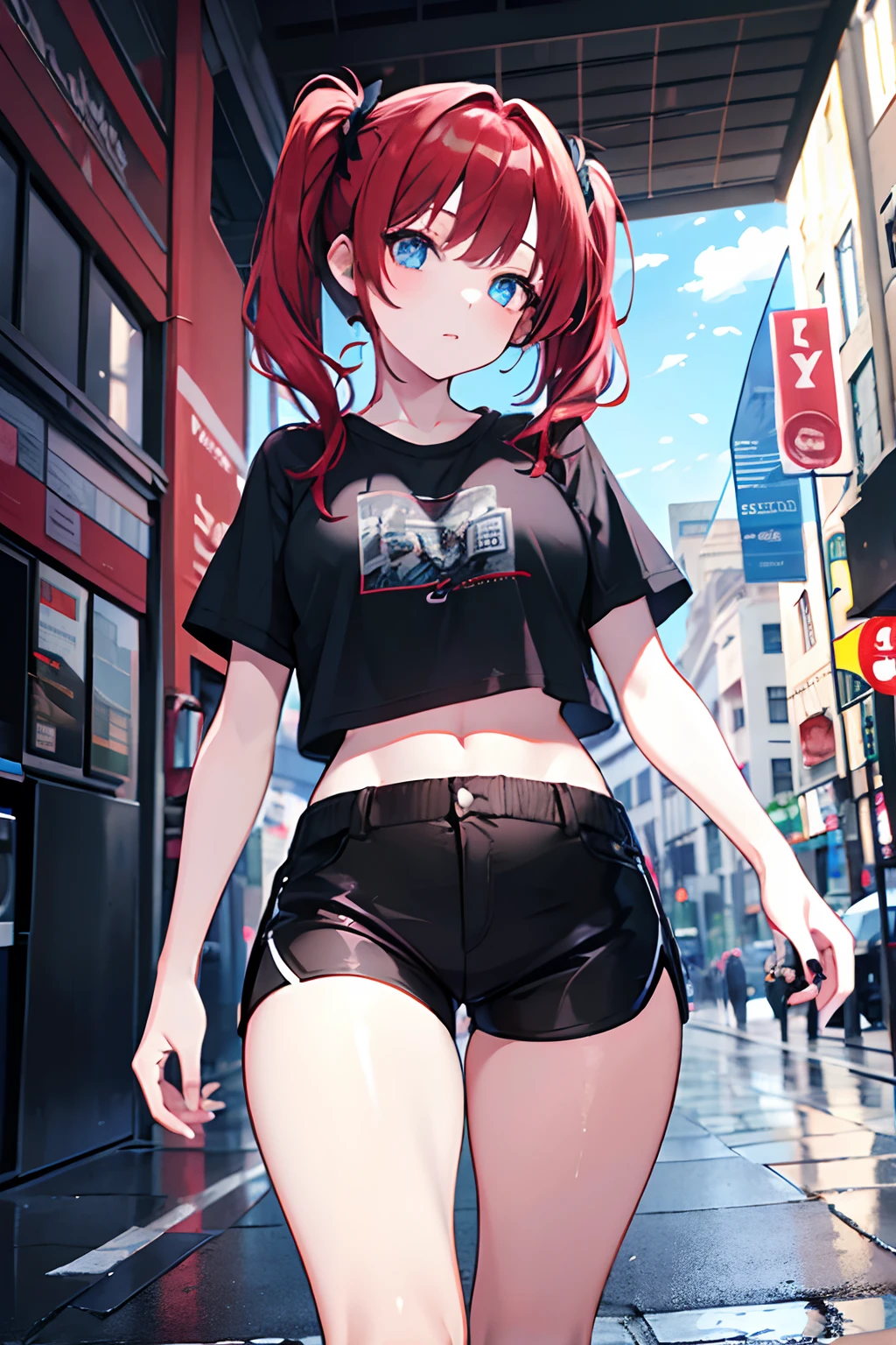 1girl, medium red hair, pigtails, blue eyes, wearing plain black shirt, black shorts, city, absurdres, high res, ultrasharp, 8K, masterpiece, looking at viewer