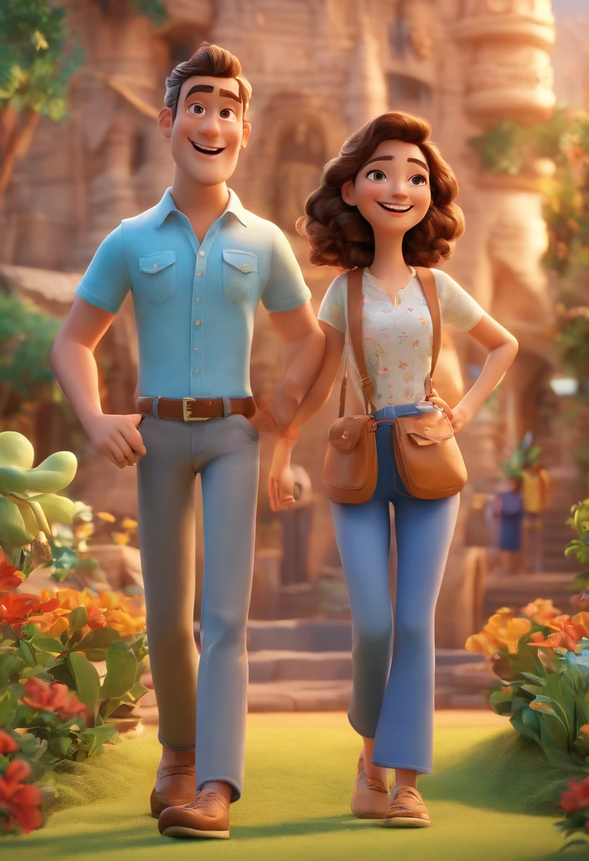 Cartoon of couple having fun on vacation together,  3D Animation Movie Poster, Poster de filme animado, pixar 3 d animation style, pixar renderman rendering, maia 8 mil, animated film, Disney Pixar Estilo 3D, amigos felizes saem juntos, all wearing light blue shirts and cream brown long pants, camisa azul clara, cream brown pants, ao ar livre, vacation, Disney Pixar Animation Poster