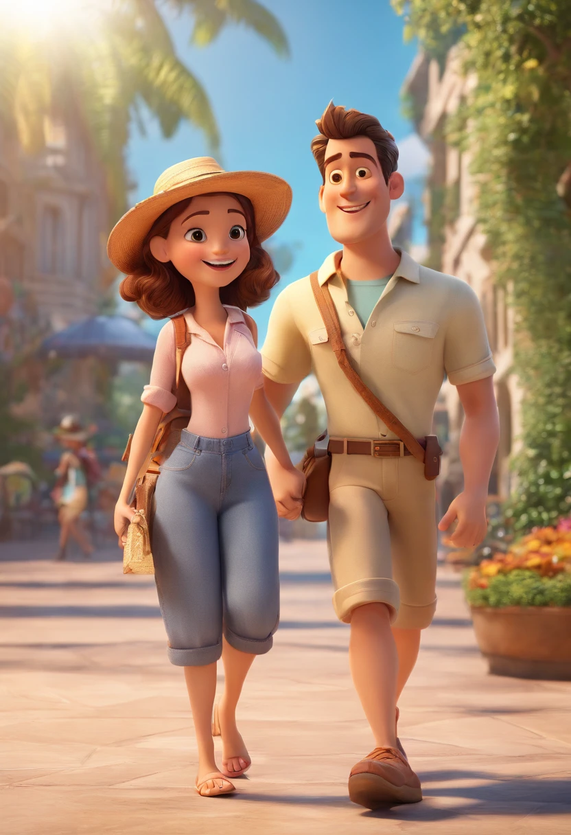 Cartoon of couple having fun on vacation together, 3D Animation Movie Poster, Poster de filme animado, pixar 3 d animation style, pixar renderman rendering, maia 8 mil, animated film, Disney Pixar Estilo 3D, amigos felizes saem juntos, all wearing light blue shirts and cream brown long pants, camisa azul clara, cream brown pants, ao ar livre, vacation, Disney Pixar Animation Poster