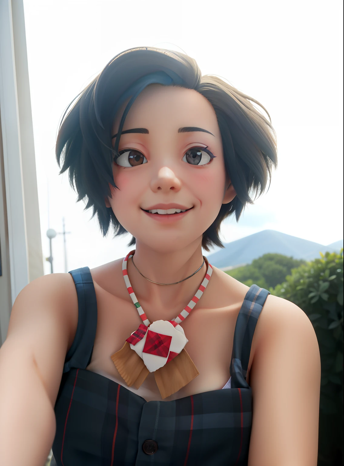 masterpiece, high quality best quality,1girl, bangs, beach, blue_sky, blush, bow, breasts, checkered, checkered_shirt, checkered_skirt, cloud, cloudy_sky, collarbone, day, envelope, giving, grass, hair_bow, heart, holding, holding_letter, horizon, incoming_gift, kazami_yuuka, leaning_forward, lens_flare, letter, light_rays, long_hair, looking_at_viewer, love_letter, mountain, mountainous_horizon, ocean, outdoors, plaid, plaid_background, plaid_bikini, plaid_bow, plaid_bowtie, plaid_bra, plaid_dress, plaid_headwear, plaid_jacket, plaid_legwear, plaid_necktie, plaid_neckwear, plaid_panties, plaid_pants, plaid_ribbon, plaid_scarf, plaid_shirt, plaid_skirt, plaid_vest, pov, shirt, skirt, sky, smile, solo, sun, sunbeam, sunlight, tree, unmoving_pattern