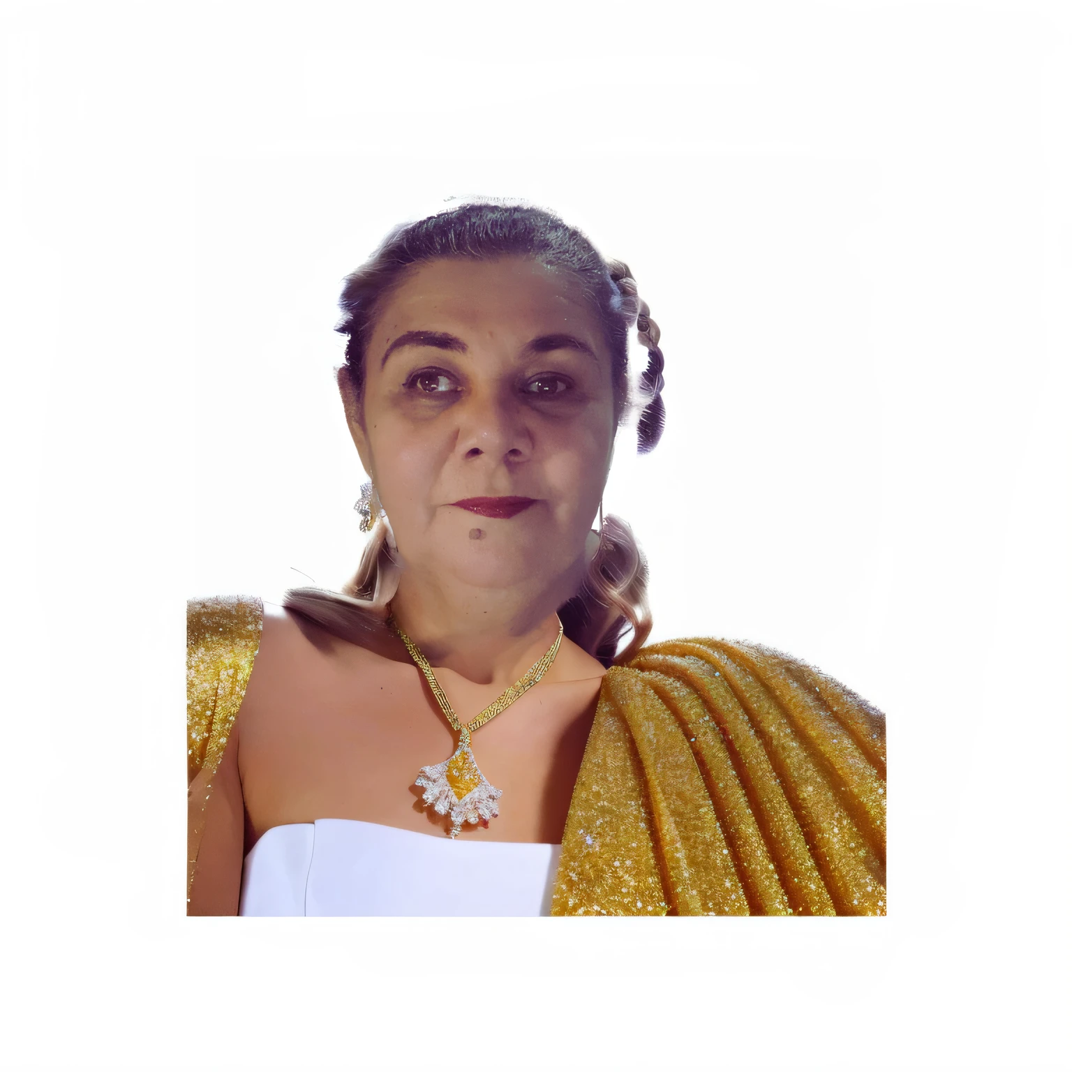 mulher, vestido de festa amarelo, com  colar de diamantes