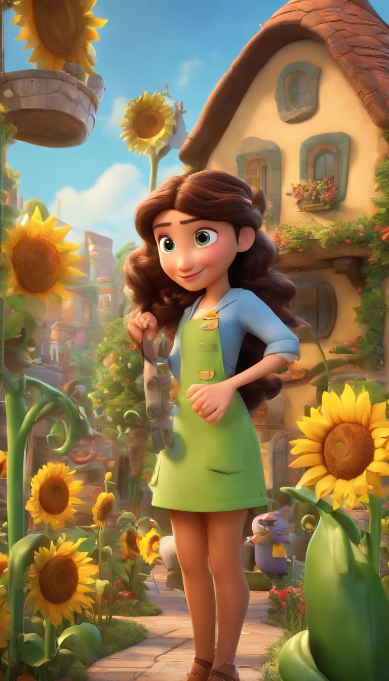Create a Disney PIXAR-style 3D poster with a family theme. No centro da imagem a mae de pela clara, cabelos loiros lisos e olhos verdes, 1 menino de um lado  e 1 menina no outro lado, They're hugging each other, O menino tem pele   morena e cabelos pretos e olhos castanhos escuros, a menina tem pele morena olhos pretos e cabelos pretos e lisos longos , tudo isso no estilo Disney PIXAR 3D, In the background, A house of sunflowers, Gloria Studio, The garden is full of sunflowers, material de argila, estilo de design cartunesco, POP Mart, soft lighting, linhas suaves, Spring tilt, detailed science fiction illustrations, Detalhes hiper-realistas, cor quente no estilo Disney PIXAR 3D