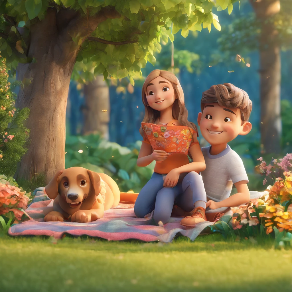 (best quality,highres:1.2),ultra-detailed,realistic:1.37,Lucas,a smiling 5--old ,with his faithful friend,Screw,the Schnauzer dog,lying in the garden,garden scenery,green grass,blooming flowers,warm sunlight,serene atmosphere,lush trees,fence border,soft breeze,playful mood,bright colors,beautiful shadows,detailed facial expression,happy eyes,joyful smile,filled with innocence,comfortable position,relaxed pose,huge tree canopy,parasol shading,cozy blanket,comfortable clothes,best friends,enjoying nature's beauty,togetherness,fond memories,harmony and tranquility,loving bond,complete relaxation
