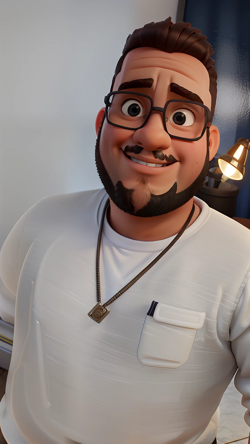Um gordinho de cabelo cortado em volta de uma cadeira de barbeiroaltura de 1,70, illuminated by the light of a lamp, contra o pano de fundo de uma barbearia