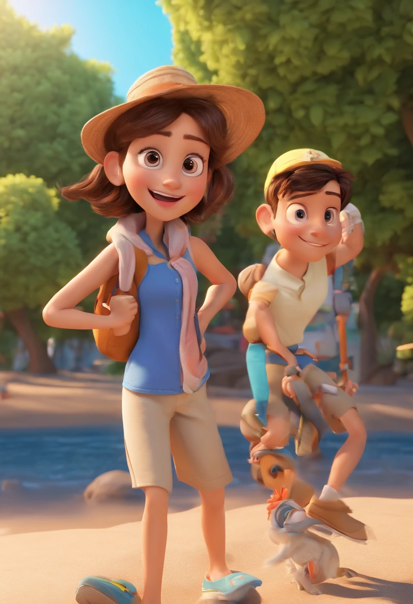 Cartoon of friends having fun on vacation together, 3D Animation Movie Poster, Poster de filme animado, pixar 3 d animation style, pixar renderman rendering, maia 8 mil, animated film, Disney Pixar Estilo 3D, amigos felizes saem juntos, all wearing light blue shirts and cream brown long pants, camisa azul clara, cream brown pants, ao ar livre, vacation, Disney Pixar Animation Poster