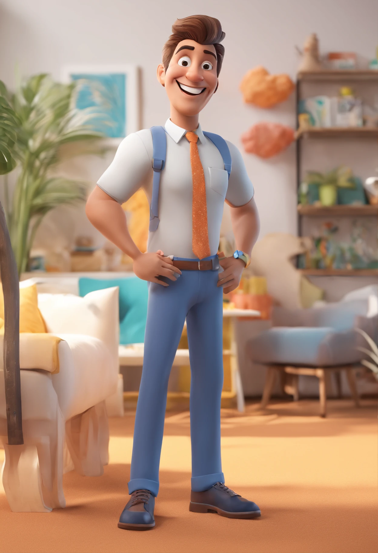 Smiling Man Illustration, sorriso insano, Homem de pele marrom com um sorriso gigante, happily smiling at the camera, sorriso atrevido, he's smiling, sorriso muito grande, Macho sorridente, foto de perfil headshot, rindo sorriso enorme, desenhando no estilo de Arte 3D, c4d, fundo de cor branco puro, estilo disney, estilo pixar render ilustracao Super Detalhe, 8k
