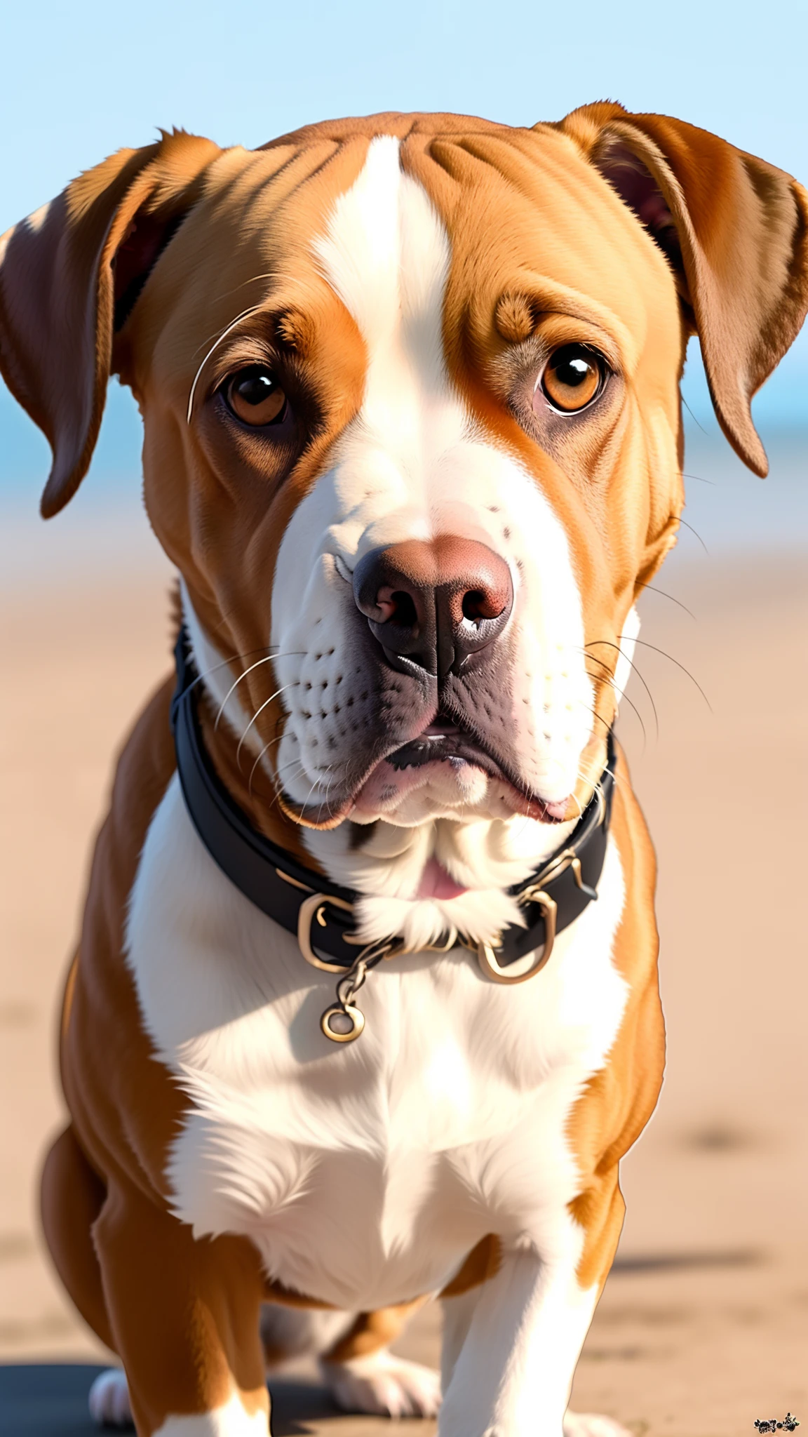 nervous pitbul showing tooth, full body, bode field behind and red sky --auto --s2