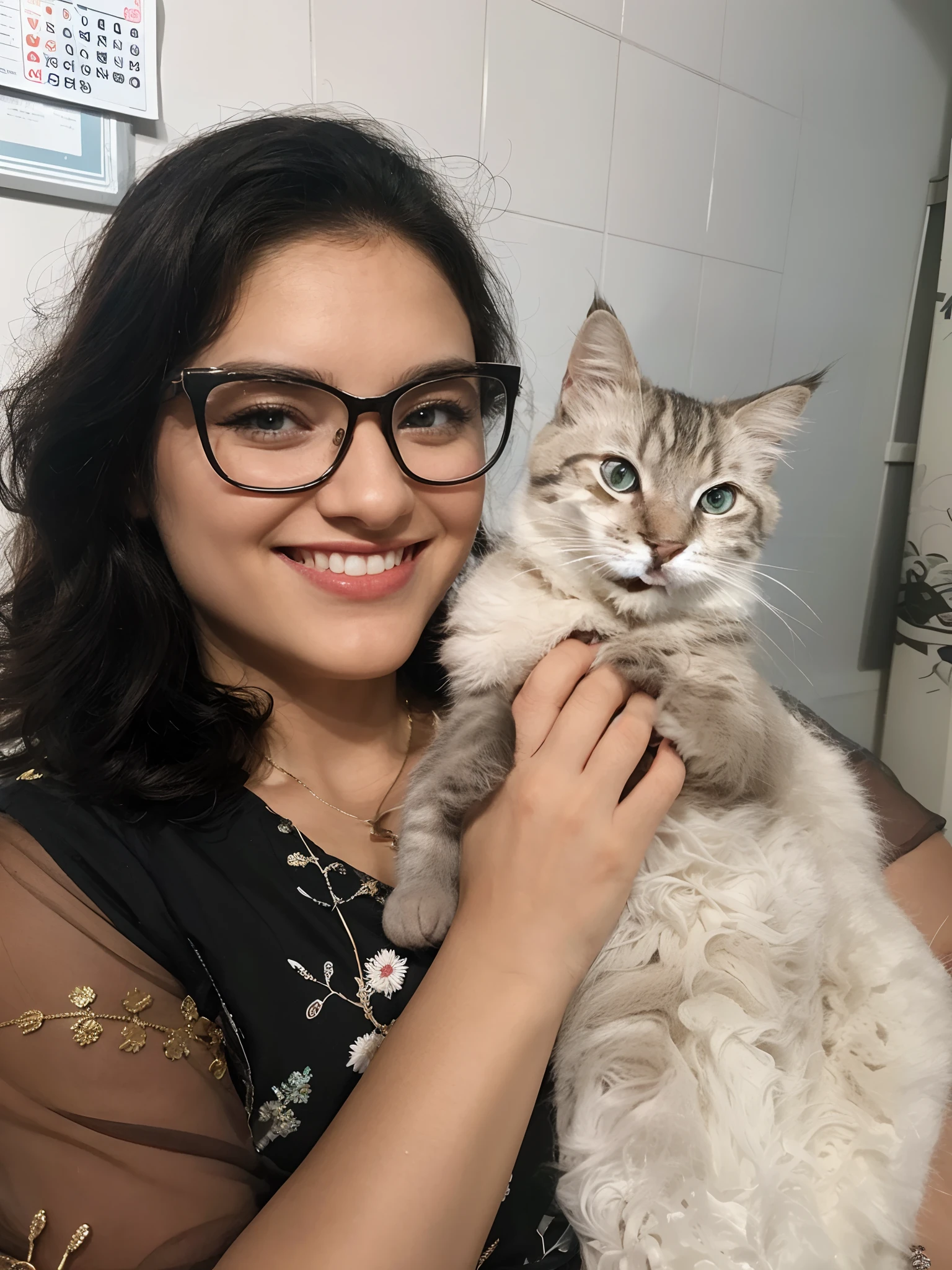 A woman in glasses is her kitten with futuristic dreams, mas realista, inspired by Pixar animation, de perto. The character takes center stage with captivating facial expressions, oferecendo um toque de irrealidade.
