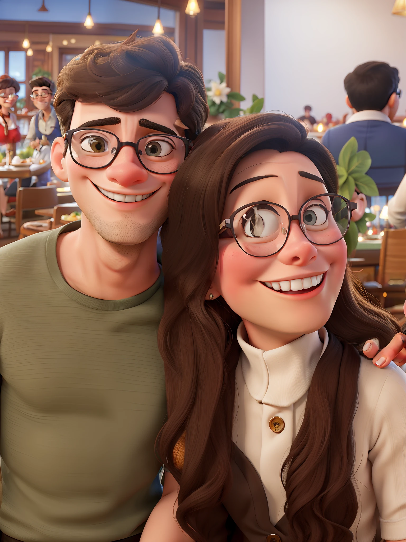 Disney Style Couple With Glasses Smiling In Restaurant.