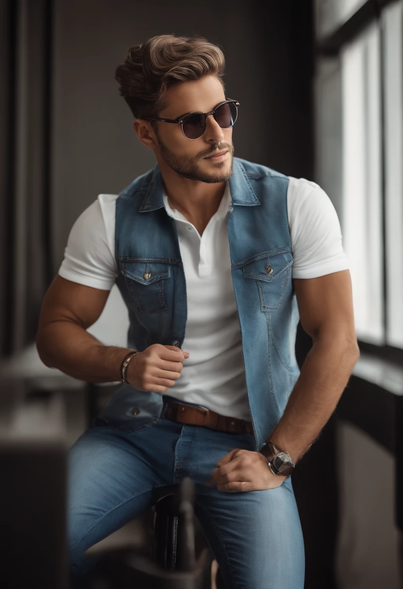 Um branco com cabelo liso escuro penteado para frente, Glasses with frames and clear lenses, bochechas rosadas, camisa colorida, bermuda jeans, He's outgoing, He's small, (aproximadamente 1,60 metros de altura) frisky
