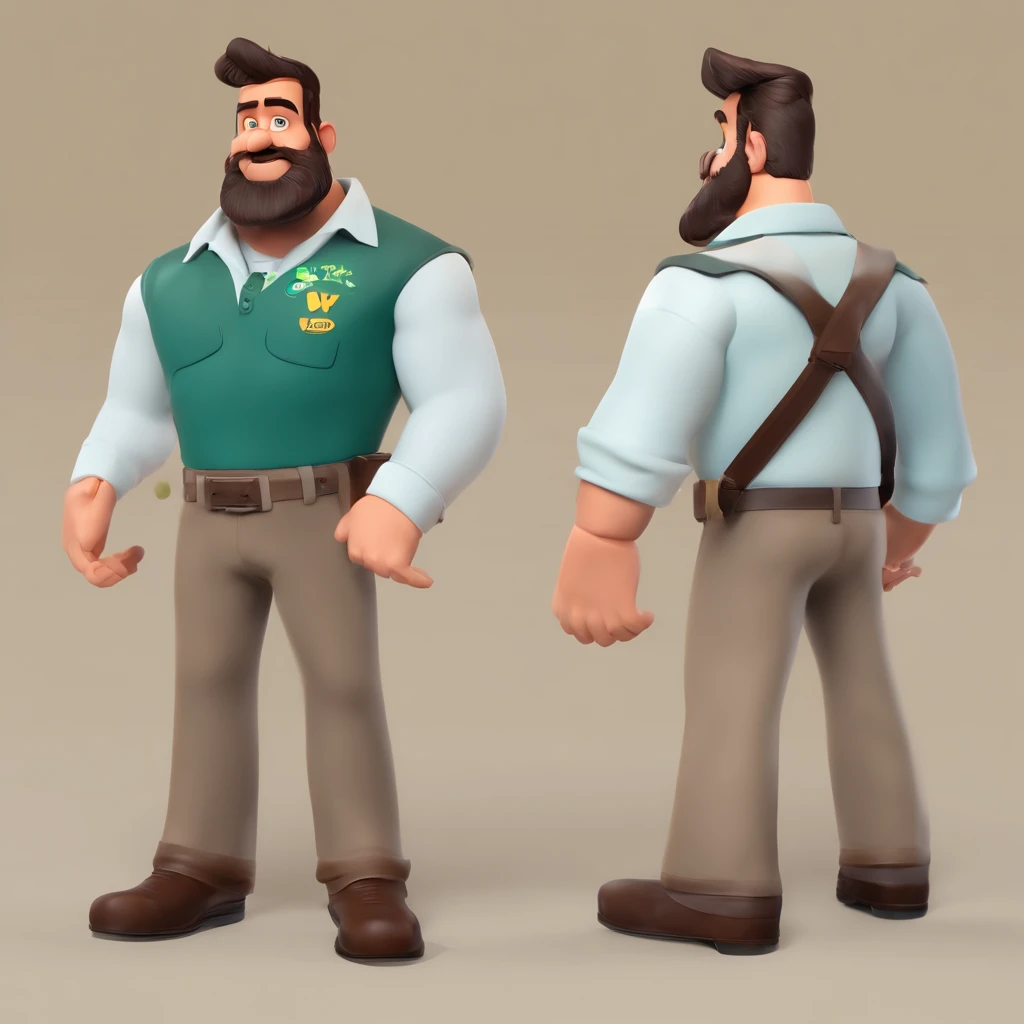 Criar um personagem no estilo Pixar. Trata-se de um homem de 30 anos, com barba, Branco, com cabelos castanhos curtos e um quiff, e olhos castanhos. Ele deve estar na frente de um computador, Trabalhar como designer