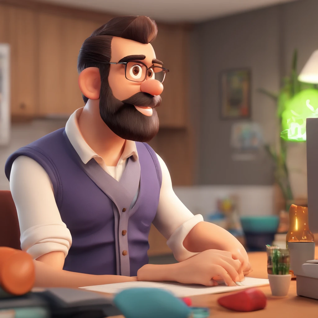 Criar um personagem no estilo Pixar. Trata-se de um homem de 30 anos, com barba, Branco, com cabelos castanhos curtos e um quiff, e olhos castanhos. Ele deve estar na frente de um computador, Trabalhar como designer