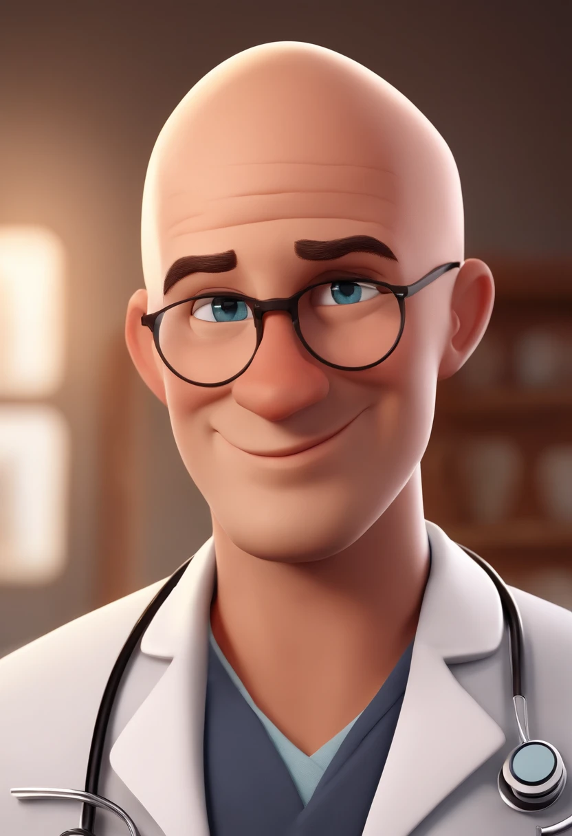 Personagem de desenho animado, estilo Pixar, Disney. Um homem magro, medic, wearing a doctor's lab coat, sem cabelos, careca (no hair, bald), without glasses (without glasses), Rosto ovalado, sorriso encantador, e olhos castanhos. The background of the image should be a doctor's office with a blurred background, profundidade de campo rasa, Cinematic light, luz suave, retroiluminado, micro-detalhes, renderizado, fotorrealista, cinemactic, 85mm 1.4.