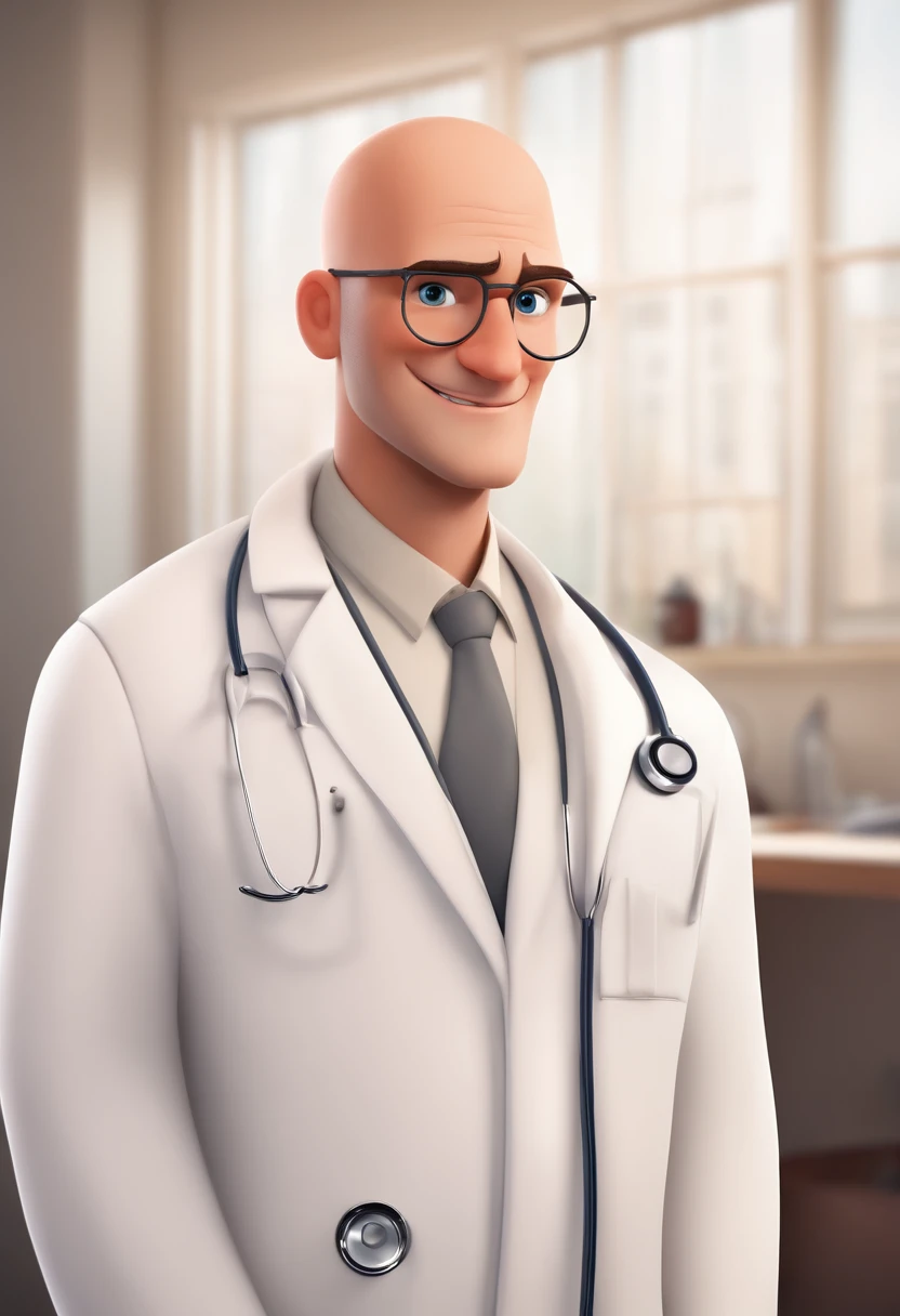 Personagem de desenho animado, estilo Pixar, Disney. Um homem magro, medic, wearing a doctor's lab coat, sem cabelos, careca (no hair, bald), without glasses (without glasses), Rosto ovalado, sorriso encantador, e olhos castanhos. The background of the image should be a doctor's office with a blurred background, profundidade de campo rasa, Cinematic light, luz suave, retroiluminado, micro-detalhes, renderizado, fotorrealista, cinemactic, 85mm 1.4.