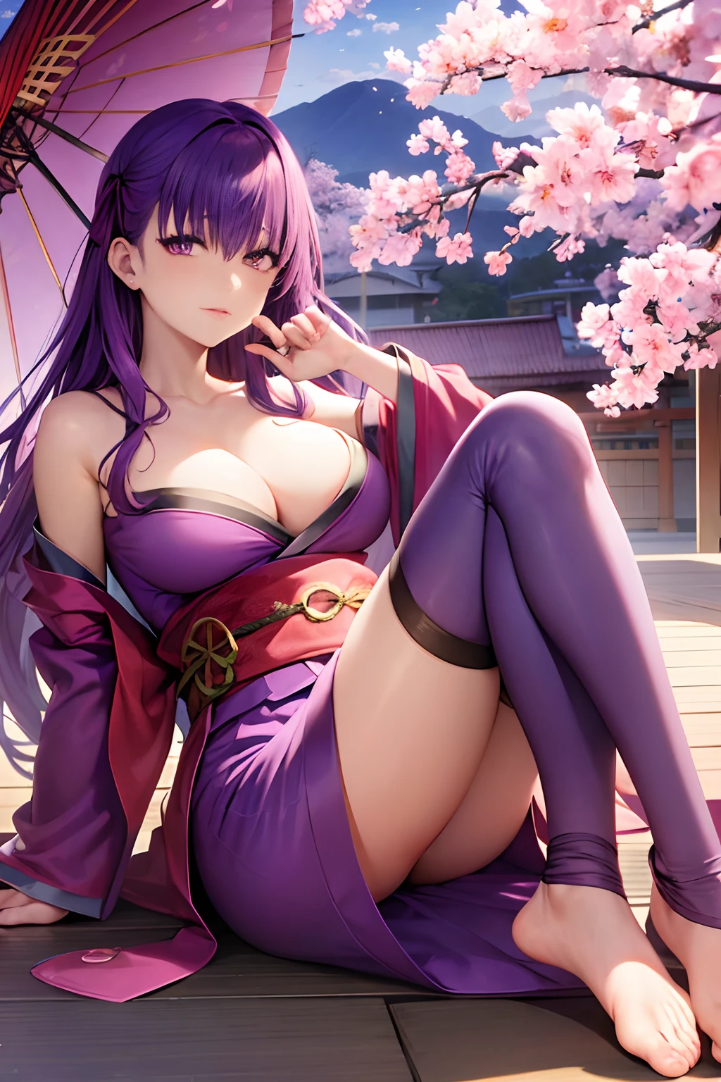 ((Sakura Matou)) purple hair, long purple hair, half-naked, kimono, tabi socks, official art, 8k, 8k wallpaper, ultra detailed, beautiful and aesthetic, High quality, beautiful, masterpiece, best quality, detailed face, detailed feet, Japanese mansion background, sitting