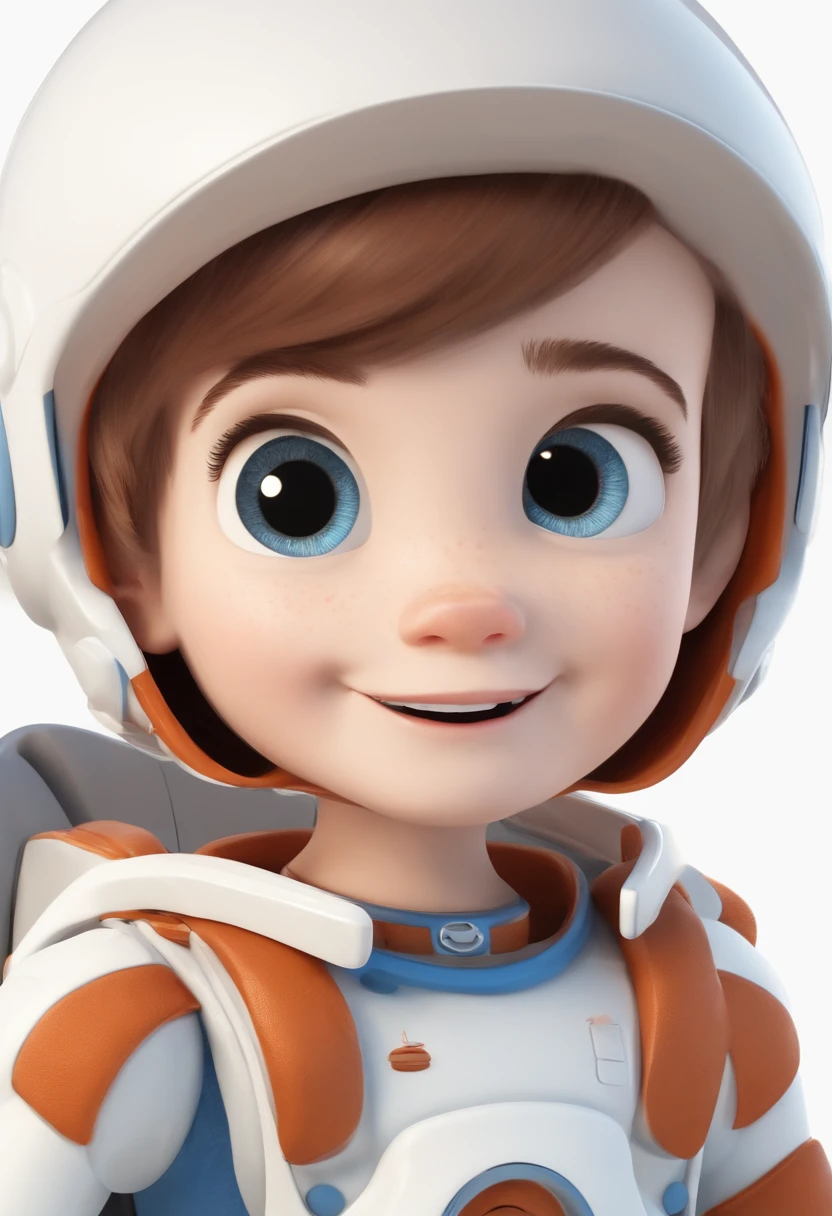 (a happy kid,vestindo uma fantasia espacial,short hair,white background,bang,tonalidade, Pixar Style,3D,caracteres do desenho animado,detalhes faciais detallhados,assincrático 16K,best quality:1.2)