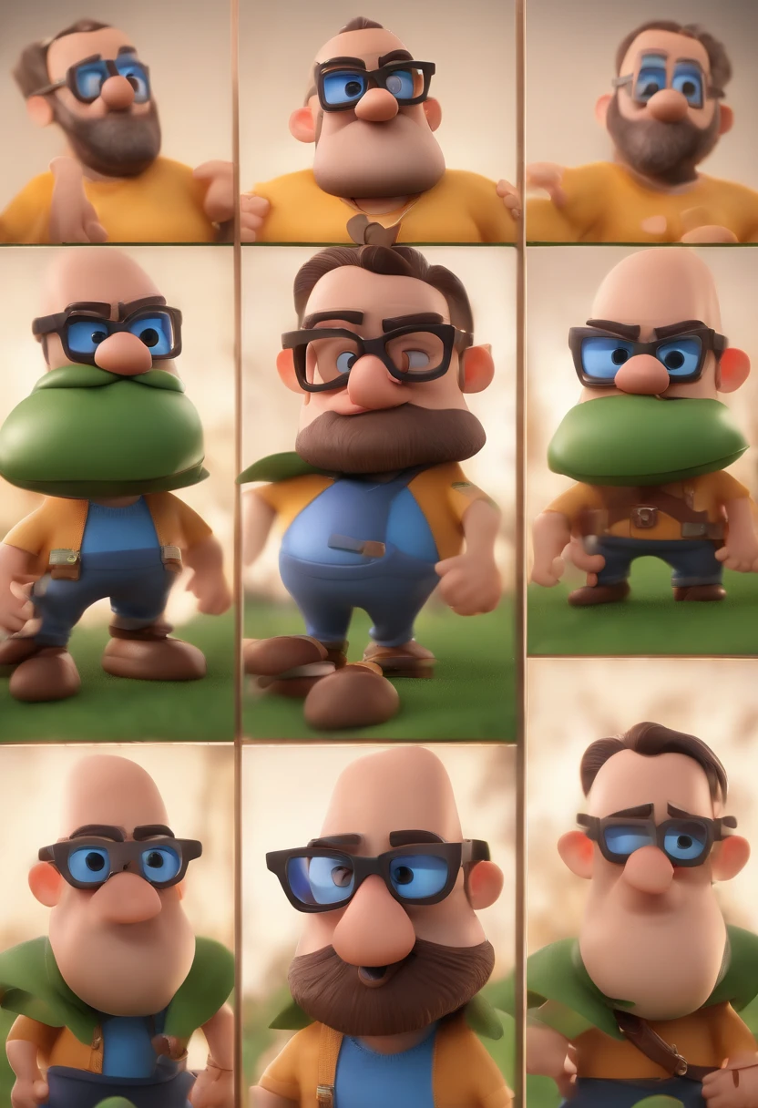 Cartoon character of a man with shaved head and beard with black glasses and a blue shirt, animation character, Caractere estilizado, animation style rendering, 3D estilizado, Arnold Maya render, 3 d render stylized, toon render keyshot, Personagem 3D, Personagem 3D, 3d rendering stylized, 3 d character render, personagem de desenho animado, Personagem de close up, Pose de personagem,  (Estilo Pixar) (master part:1.2) (Bokeh) (best quality) (pele detalhada) (textura detalhada) (8k) (argila) (Cinematic lighting) (foco nítido