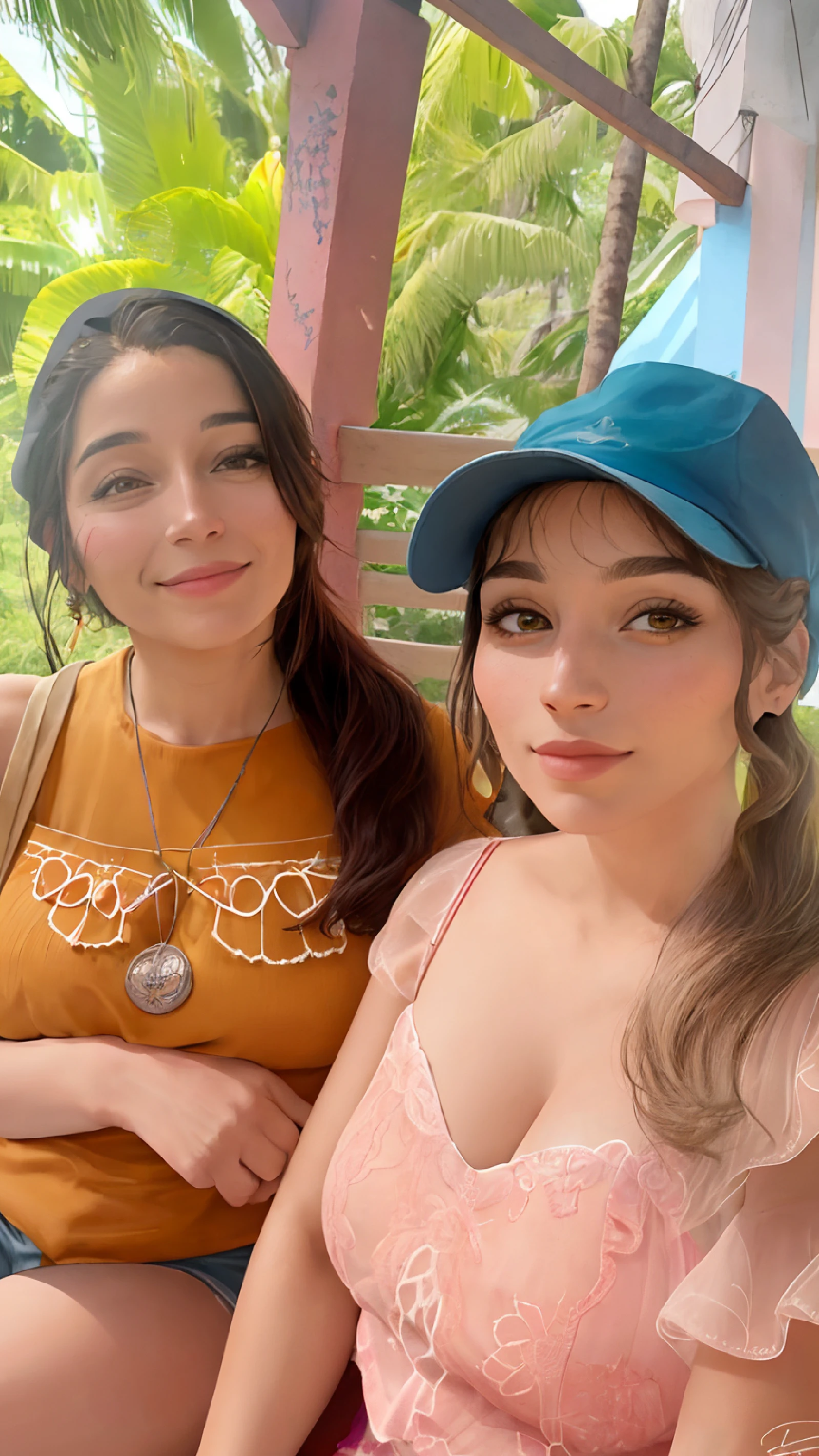 Two women sitting on a bench with a hat, modelagem para dulce e gabanna, imagem de perfil, Karla Ortiz, Fotografia tirada em 2 0 2 0, Mulher de 30 anos de Cuba, foto de perfil, imagem do avatar, duas mulheres, Ayahausca, com hera, Lorena Avarez, tomada em 2 0 2 0