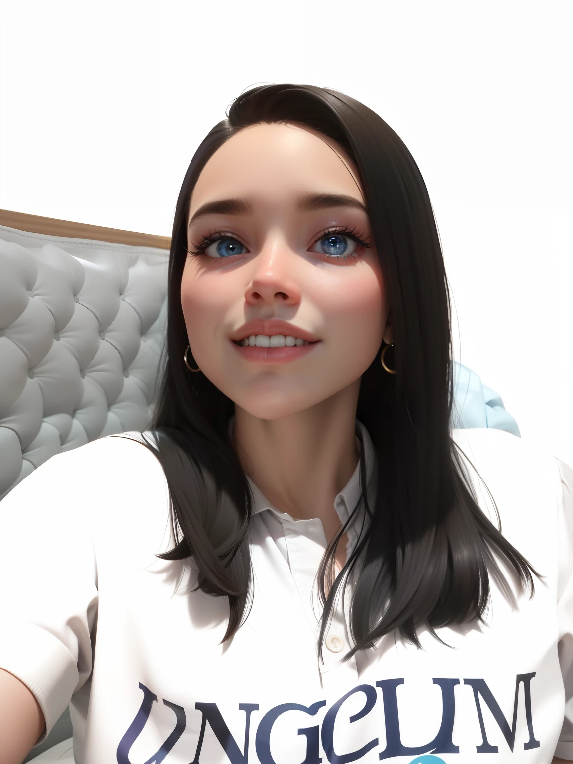 best quality, ..3d rendering work, ..Estilo 3DMM, Close-up, retrato, ......3d, 1girl, somente, cabelos pretos no ombro, tear earrings, Looking at camera, frente, Realistic, parte superior do corpo , FAZENDO POSES, fundo simples, Desviando o olhar, separated-lips, Gargantilha, maquiagem , Squishy, camisa polo azul, olhos olhos negros azulados (seios pequenos: 1.1) reference: Https://imagem9.Cdn.arte marinha...ai/2023-08-04/52449297297477/C9E0706CFFA353936C45F41FEF45E6C4F2A12E7C..png