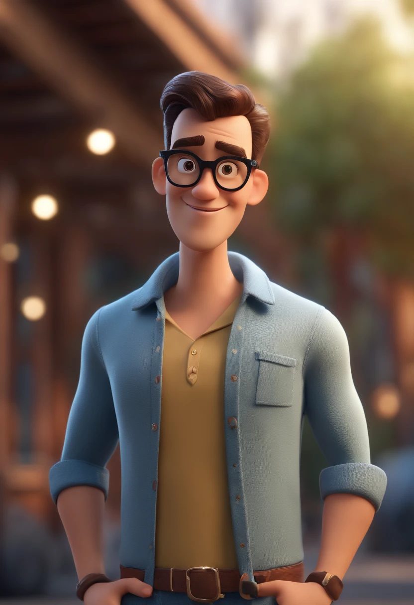 Cartoon character of a man with black glasses and a blue shirt, animation character, Caractere estilizado, animation style rendering, 3D estilizado, 3 d render stylized, toon render keyshot, Personagem 3D, Personagem 3D, 3d rendering stylized, 3 d character render, personagem de desenho animado, Personagem de close up, Pose de personagem, (Estilo Pixar) (master part:1.2) (Bokeh) (best quality) (pele detalhada) (textura detalhada) (8k) (argila) (Cinematic lighting) (foco nítido