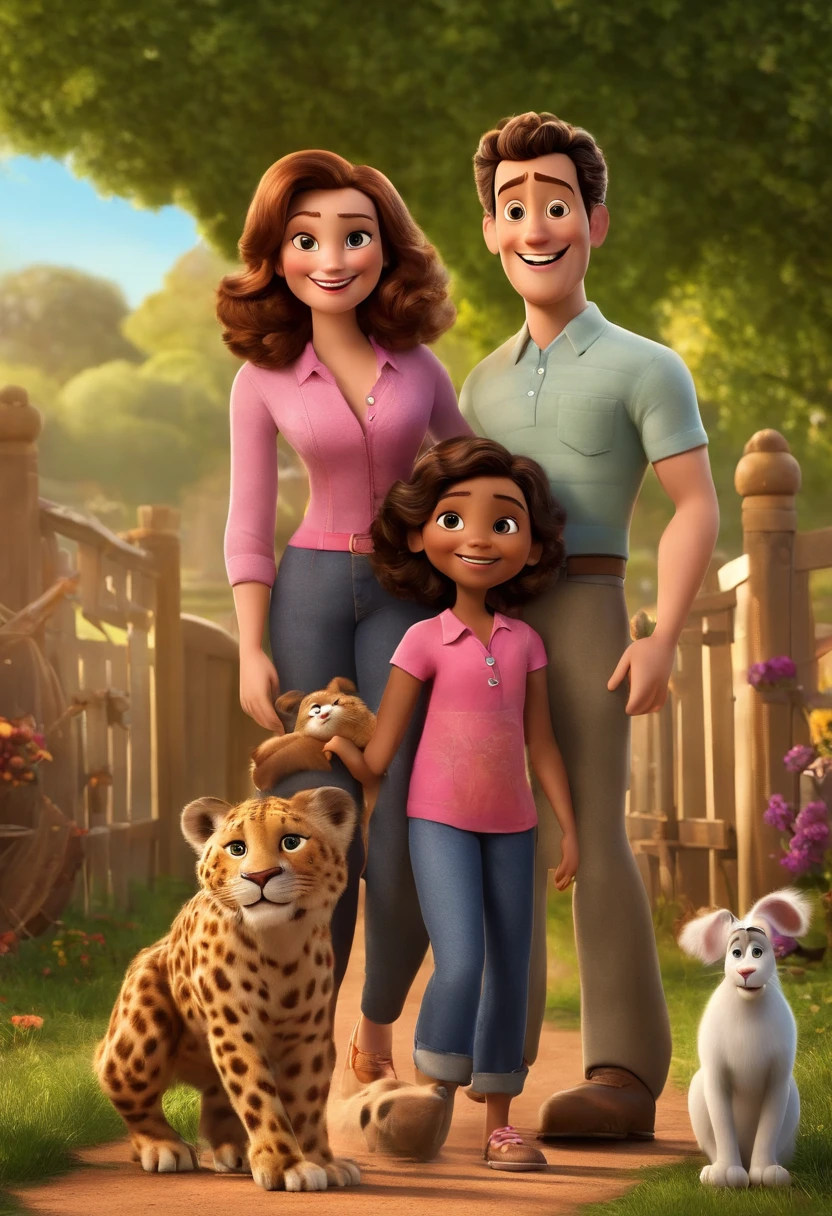 a Disney and pixar movie poster of a family The mother has hair with many highlights, skin color is white, with leopard print long-sleeved blouse and jeans, o pai tem cabelos brancos, a cor da pele e do branco, usa uma blusa xadrez de manga comprida, jeans e uma bota, A filha tem cabelos castanhos, olhos castanhos, wears a beautiful hot pink dress and a tennis background on the farm Title: The Happiest Family 3D Rendering