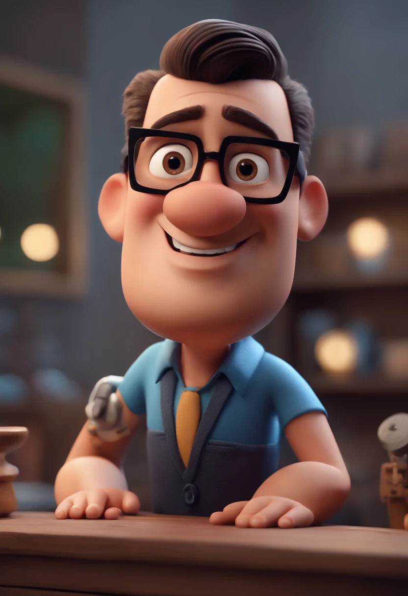 Cartoon character of a man with black glasses and a blue shirt, animation character, Caractere estilizado, animation style rendering, 3D estilizado, Arnold Maya render, 3 d render stylized, toon render keyshot, Personagem 3D, Personagem 3D, 3d rendering stylized, 3 d character render, personagem de desenho animado, Personagem de close up, Pose de personagem, (Estilo Pixar) (master part:1.2) (Bokeh) (best quality) (pele detalhada) (textura detalhada) (8k) (argila) (Cinematic lighting) (foco nítido