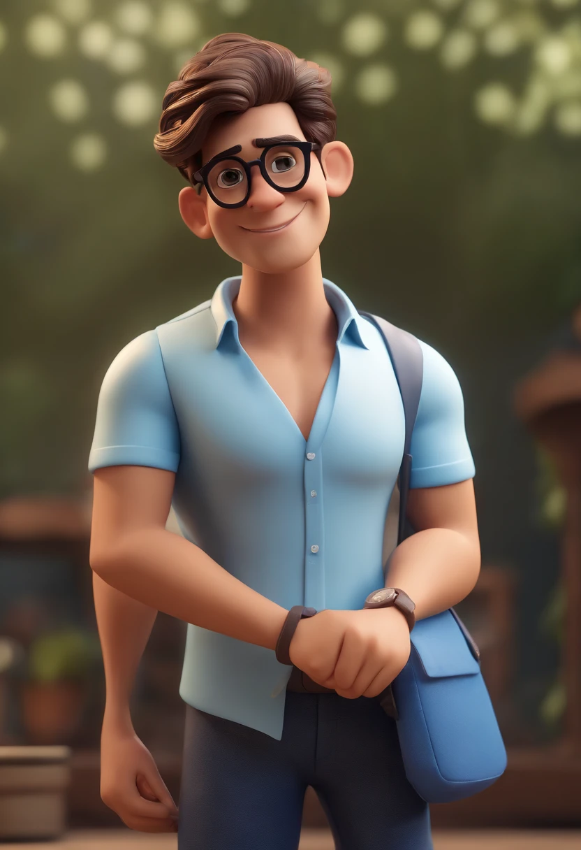 Cartoon character of a man wearing black glasses and a blue shirt, um personagem animado, Caractere estilizado, animation style rendering, 3D estilizado, Arnold Maya render, 3 d render stylized, toon render keyshot, Personagem 3D, Personagem 3D, 3d rendering stylized, 3 d character render, personagem de desenho animado, Personagem de close up, Pose de personagem, (Estilo Pixar) (master part:1.2) (Bokeh) (best quality) (pele detalhada) (textura detalhada) (8k) (argila) (Cinematic lighting) (foco nítido,Senta e vaza a parte superior do corpo