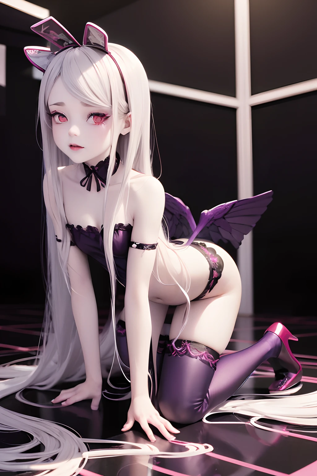 sexy anime vampire girl in purple sexy bunny suit and high heels and beautiful young face and white hair and angel wings, shalltear bloodfallen, ultrarealistische sexy Shalltear Bloodfallen, 8K, extrem detailliert, In SFM gerendert, [ 8k digitale Kunst ]!!, Extrem detaillierter Artgerm, 3-D-Rendercharakter Kunst 8 K, extrem detaillierte Augen, gorgeous face