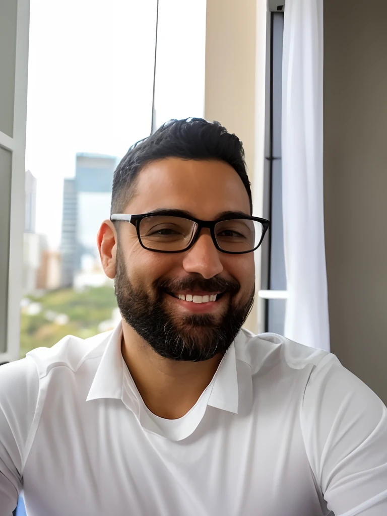 Smiling man with glasses and beard sitting in front of a window, david rios ferreira, cerca de 3 5 anos, icaro carvalho, Homens de 45 anos, imagem de perfil, Homem de 4 0 anos, Carmelo Blandino, (38 anos), foto de perfil profissional, selfie de um homem, imagem do avatar, caio santos, Fotografia selfie 8k