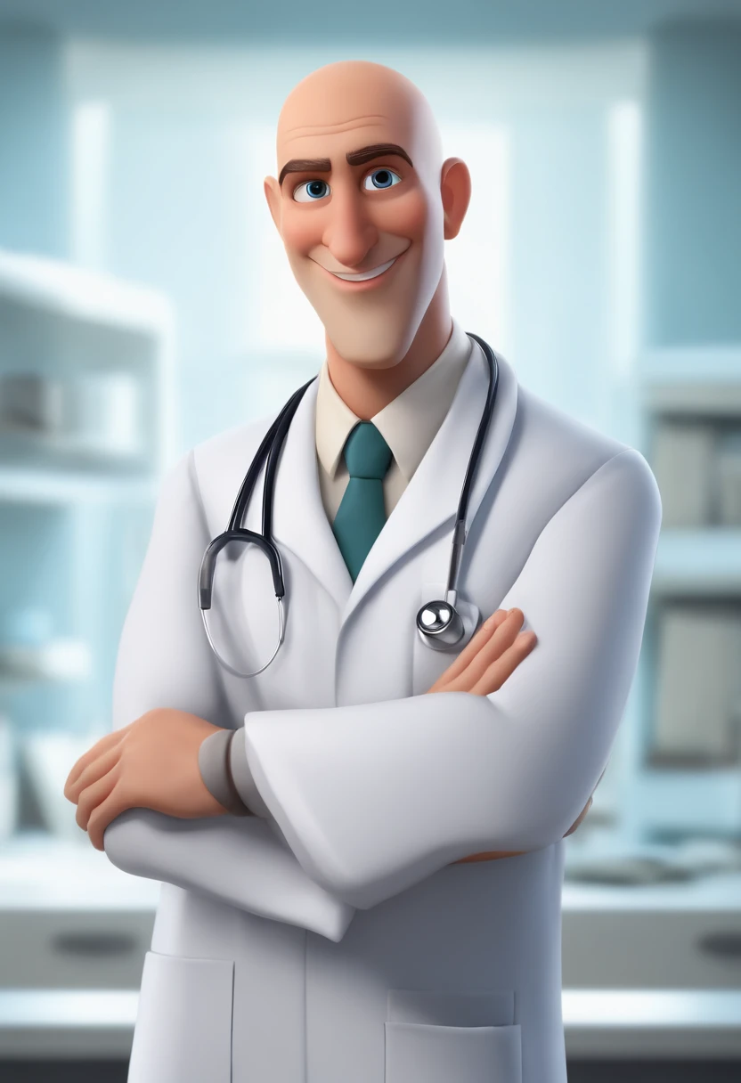 Personagem de desenho animado, estilo Pixar, Disney. Um homem magro, Cardiologist, wearing a doctor's lab coat, careca (no hair, bald) but with hair on the sides of the head, Rosto ovalado, sorriso encantador, e olhos castanhos. The background of the image should be a doctor's office with a blurred background, profundidade de campo rasa, Cinematic light, luz suave, retroiluminado, micro-detalhes, renderizado, fotorrealista, cinemactic, 85mm 1.4.