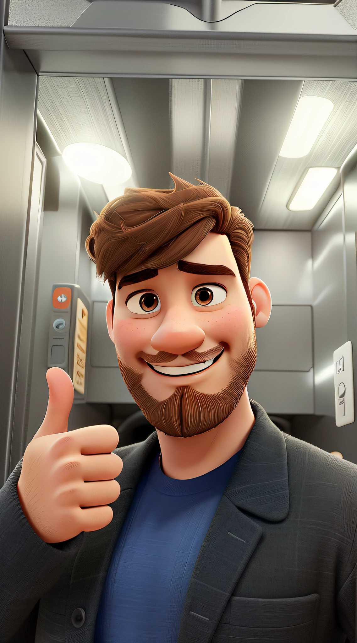 a pixar style man with beard, with brown hair, inside an elevator doing thumbs up