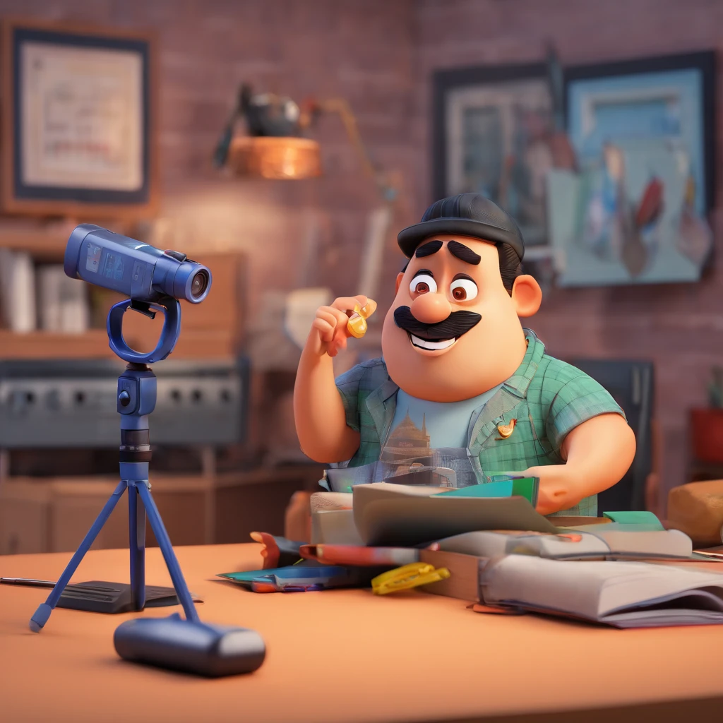 Crie um cartaz inspirado na Disney Pixar com o personagem sendo o Paulo Ribeiro, A journalist with a television microphone in his hand in front of a camcorder. In one of your hands place a notebook.