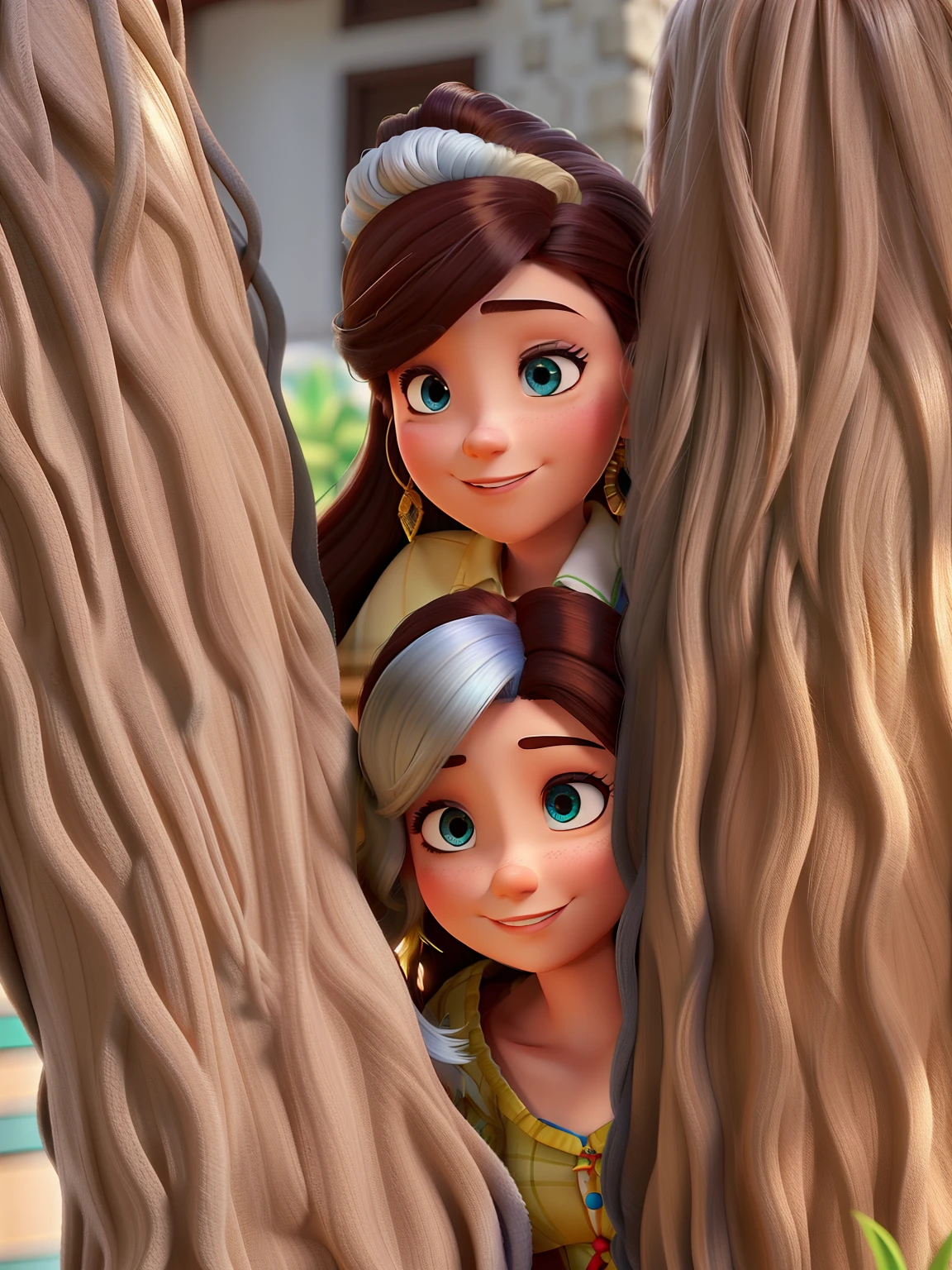 Mulher branca com cabelo longo liso no estilo pixar, ao lado do luan santana