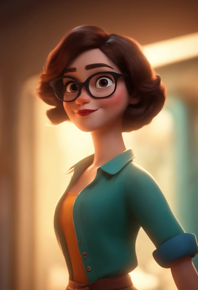 Pixar style image with 3D character white glasses brunette woman short straight hair dancing, Maquiagem Disney,Pescador, bonitinho, sorridente ,Close-up, Pixar, Disney, Cinema lighting,