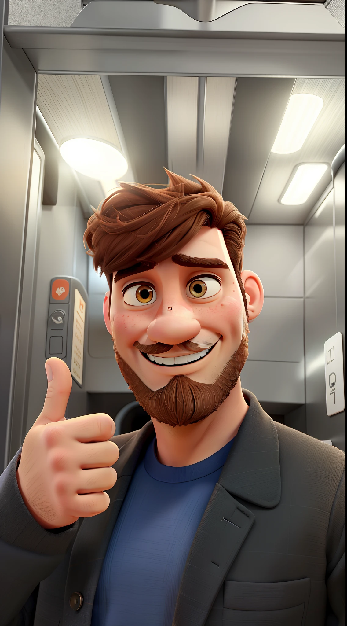 a pixar style man with beard, with brown hair, inside an elevator doing thumbs up