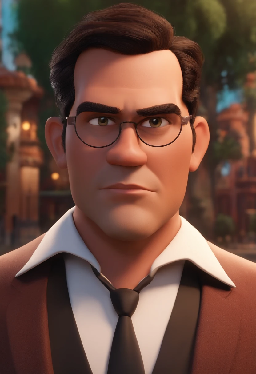 A city councilman looking at a dream project inspired by Pixar animation, de perto. The character takes center stage with captivating facial expressions, oferecendo um toque de irrealidade