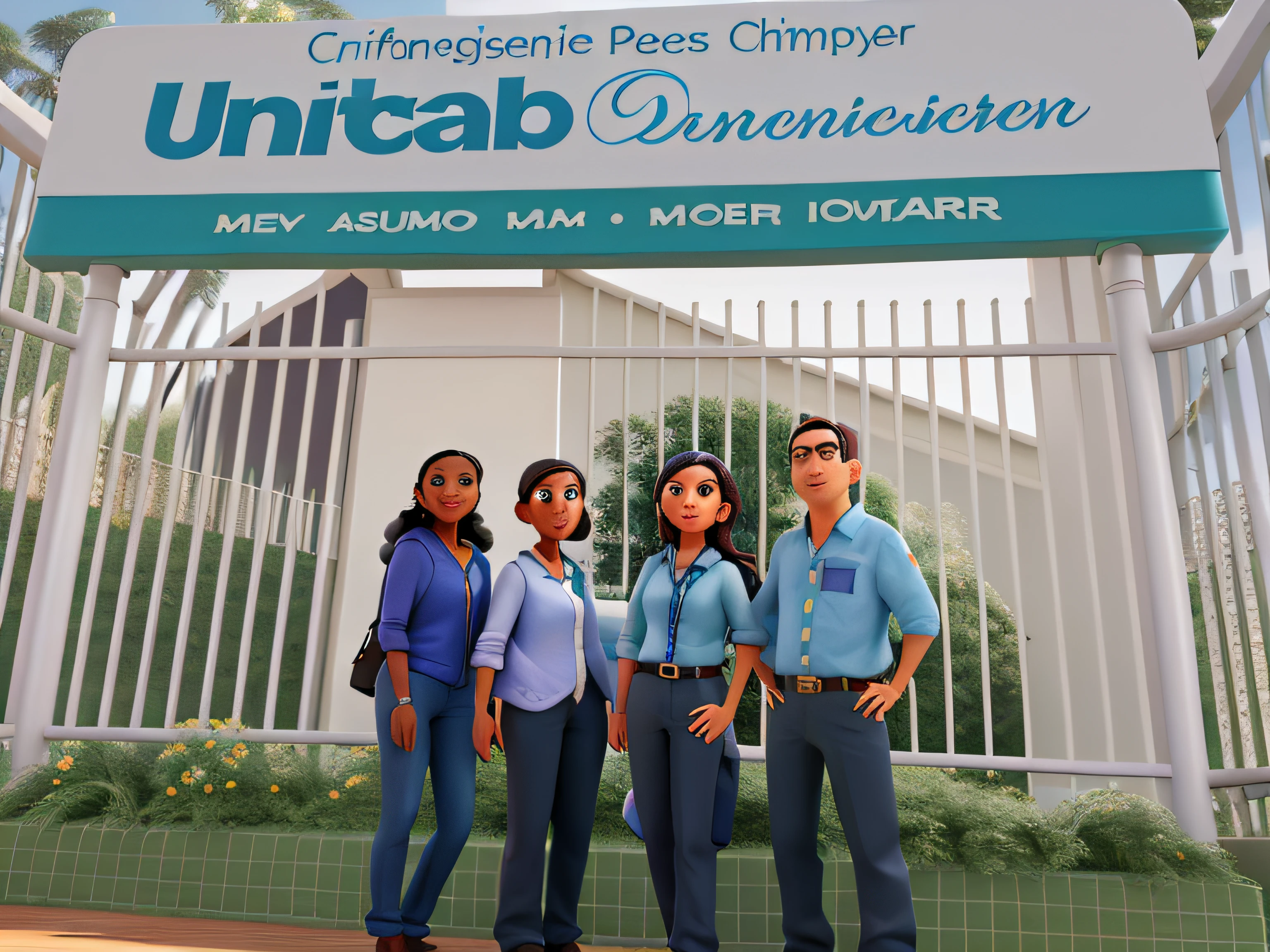 criar uma imagem no estilo pixar parecida com essa com os mesmos rosto e detalhes das pessoas nas fotos, Details that are 3 women and man