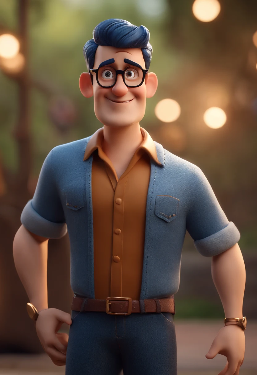 Cartoon character of a man with black glasses and a blue shirt, animation character, Caractere estilizado, animation style rendering, 3D estilizado, Arnold Maya render, 3 d render stylized, toon render keyshot, Personagem 3D, Personagem 3D, 3d rendering stylized, 3 d character render, personagem de desenho animado, Personagem de close up, Pose de personagem, (Estilo Pixar) (master part:1.2) (Bokeh) (best quality) (pele detalhada) (textura detalhada) (8k) (argila) (Cinematic lighting) (foco nítido