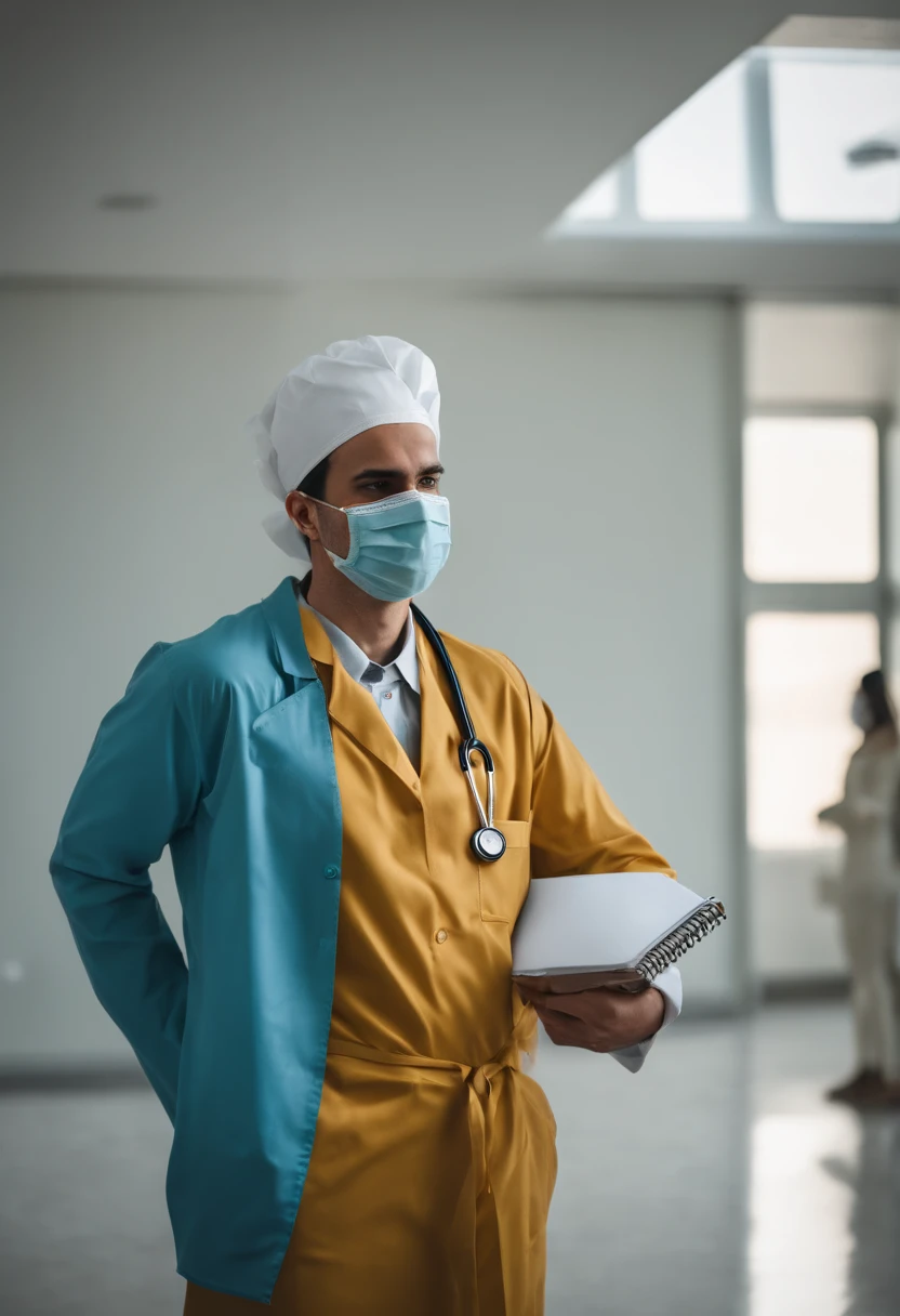 Pessoa solteira, corpo branco, Muscles, Standing in front of the glass door, lowering his head, Taking notes, Serious expression, Carrancudo (doctor outfits,, white mask, Notebook, caneta azul, Botas Brancas, black pattern: 1.2), Cauda de lobo, Orelha de lobo, ((retrato do busto)), (Interior: 1.35), Incandescent indoor lighting, corredor hospitalar, Sombras (particuls, soft lighting, Brilho branco): 1.3, Avental branco, anatomicamente correto, fundo minimalista, Cartoon, Cores quentes, linhas suaves