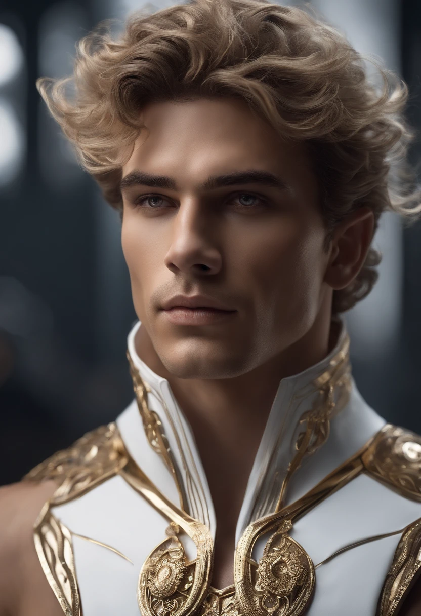 Homem com cabelo cacheado curto, pele branca, olhos cinzentos, Defined and athletic body, White science fiction outfits with gold details, Aguardar com interesse, confiante,