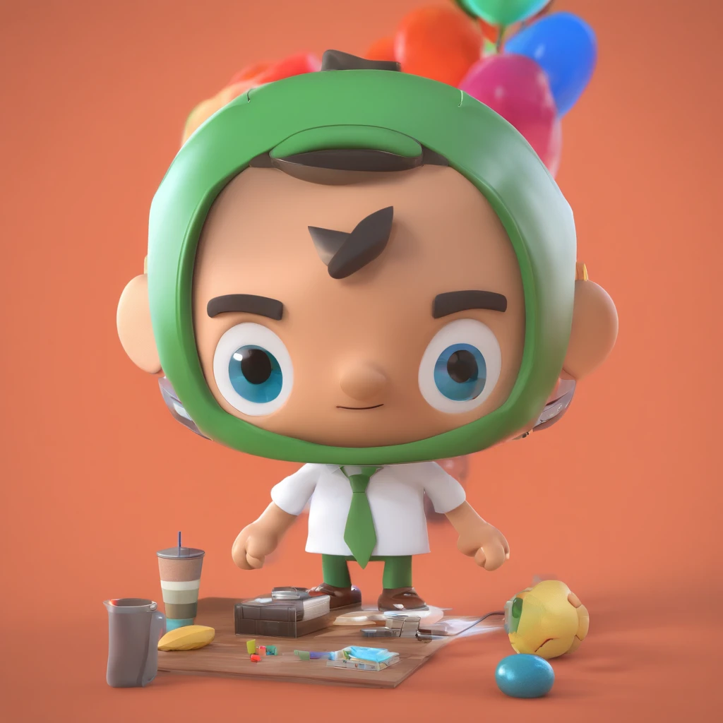 Criar um personagem no estilo Pixar. Trata-se de um homem de 30 anos, com barba, Branco, com cabelos castanhos curtos e um quiff, e olhos castanhos. Ele deve estar na frente de um computador, Trabalhar como designer