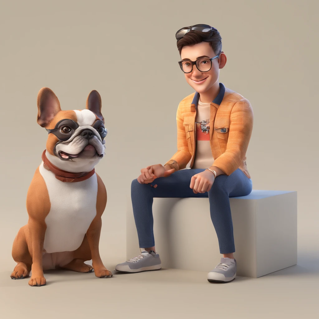 Lucas is a smiling 30-year-old human boy, com barba clara, Wearing rectangular glasses with your trusty friend, Bolt, The French Bulldog Dog, deitados no jardim