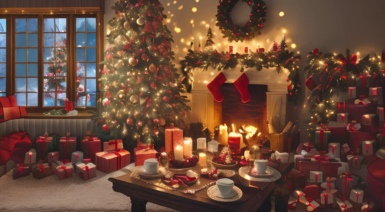 a cozy christmas ambience, with all christmas objects, a large christmas trees a table with christmas snacks and coffee and a pretty fireplaceand a christmas window