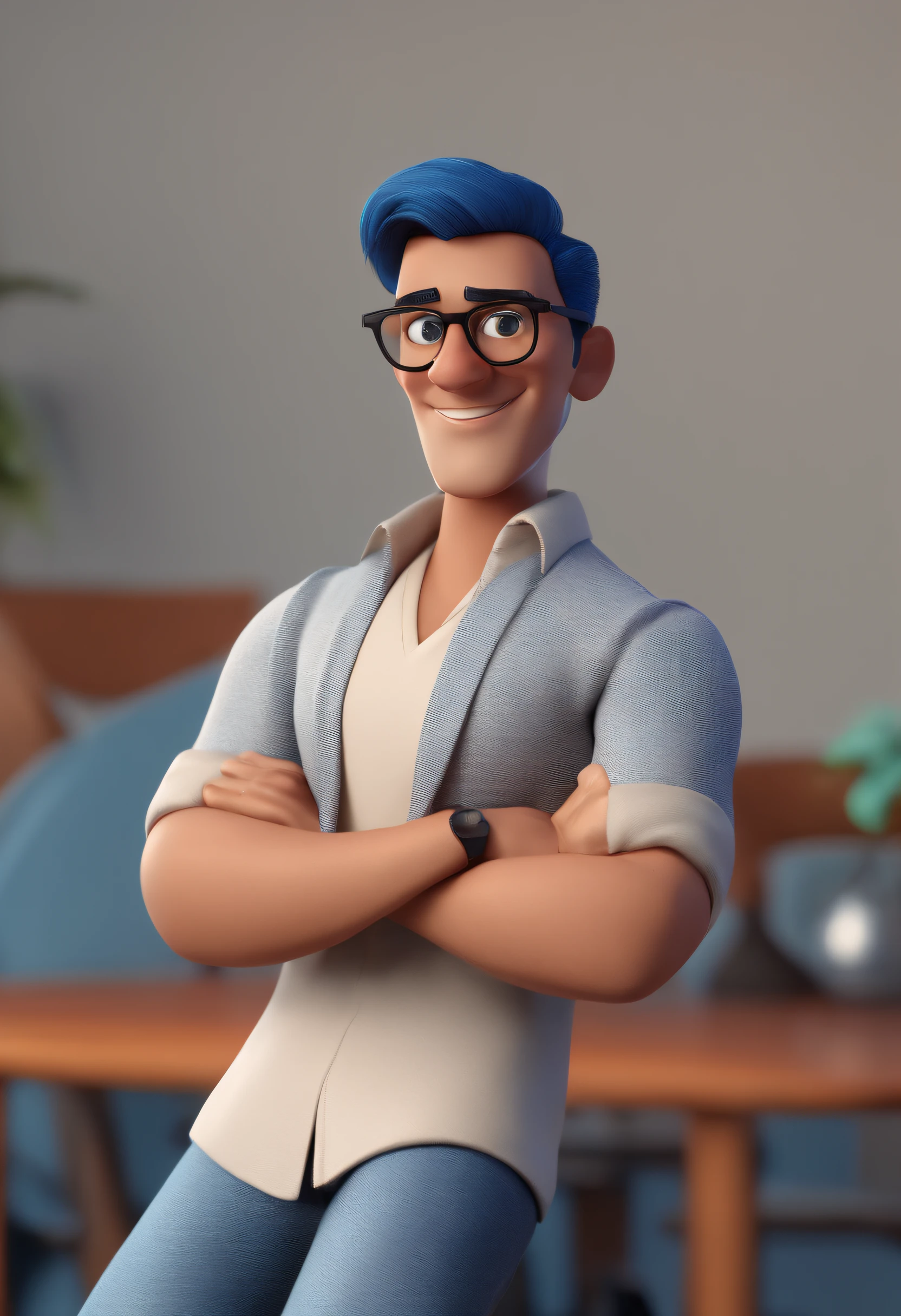 Cartoon character of a man with black glasses and a blue shirt, animation character, Caractere estilizado, animation style rendering, 3D estilizado, Arnold Maya render, 3 d render stylized, toon render keyshot, Personagem 3D, Personagem 3D, 3d rendering stylized, 3 d character render, personagem de desenho animado, Personagem de close up, Pose de personagem, (Estilo Pixar) (master part:1.2) (Bokeh) (best quality) (pele detalhada) (textura detalhada) (8k) (argila) (Cinematic lighting) (foco nítido